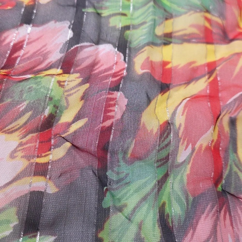 Vibrant Colorful Floral‎ Sheer Scarf Beach Wrap Silver Threads 40in EUC